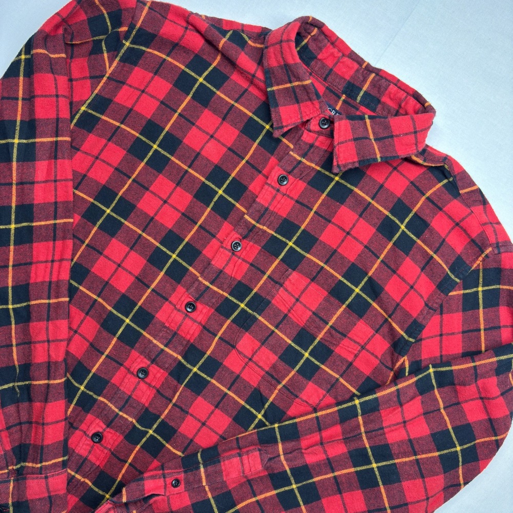 J.Crew Mens Red Black Yellow Plaid Flannel Button Down Shirt Large L Cotton